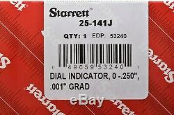 Starrett 25-141J Dial Indicator 0 to 0.250 Range, 0.001 Grad, New in Box