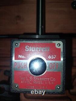 Starrett 657EZ Indicator With Magnetic Base In Wood Case with upright post assy