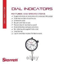 Starrett Dial Indicator Lug On Center Back, Jeweled Bearings, 0-100 Reading