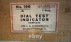 VINTAGE L. S. Starrett Dial Test Indicator 1 1000 #196 withparts shown & wooden box