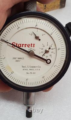 VTG Starrett 25-611 Dial Indicator 0 to 0.200 Jewel Bearings Made in USA Works