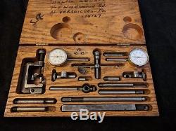 Vintage Dual Starrett 196 Dial Indicator Set with Set Hole Attachment, Wooden Case